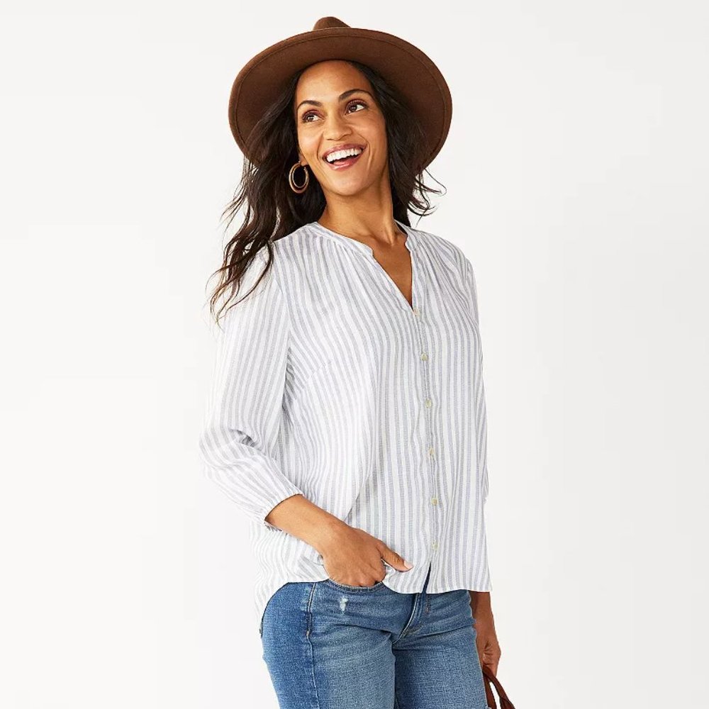 NWT Sonoma Goods For Life Blue White Stripe Drop-Shoulder Blouse Size Medium
